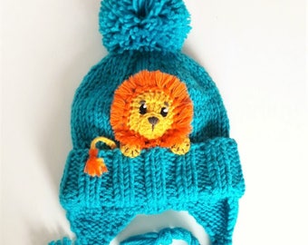 Lion Hat, Kids Winter Hat, Earflap Hat, Knit Hat, Pom Pom Hat, Kids Fashion, Animal Hat, Cute Hat, Boys Winter Hats, Hat with Lion, Handmade