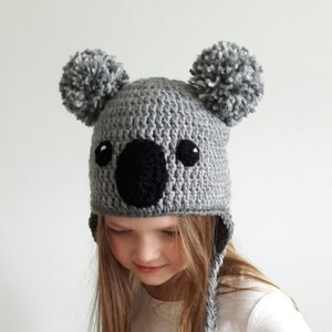 Koala Hat, Crochet hat, Kids Outfit, Baby Hat, Women Hat, Cute Kids Hat, Earflap Hat, Pom Pom Hat, Winter Outfit, Hat with Braids, Teens hat image 3