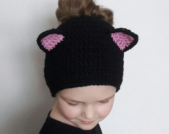 Black Cat Hat, Messy Bun Hat, Cat Ears Hat, Ponytail Hat, Bun Beanie, Hat for Bun, Women Hat, Girls Outfit, Gift for Cat Lover, Running Hat