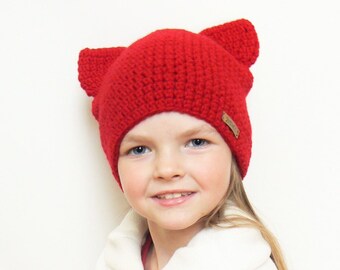 Cat Ear Hat, Red Beanie, Animal Ear Hat, Cat Hat, Winter Hat, Kitty Hat, Teen Hat, Girls Winter Outfit, Womens Hat, Cat Beanie, Crochet Hat