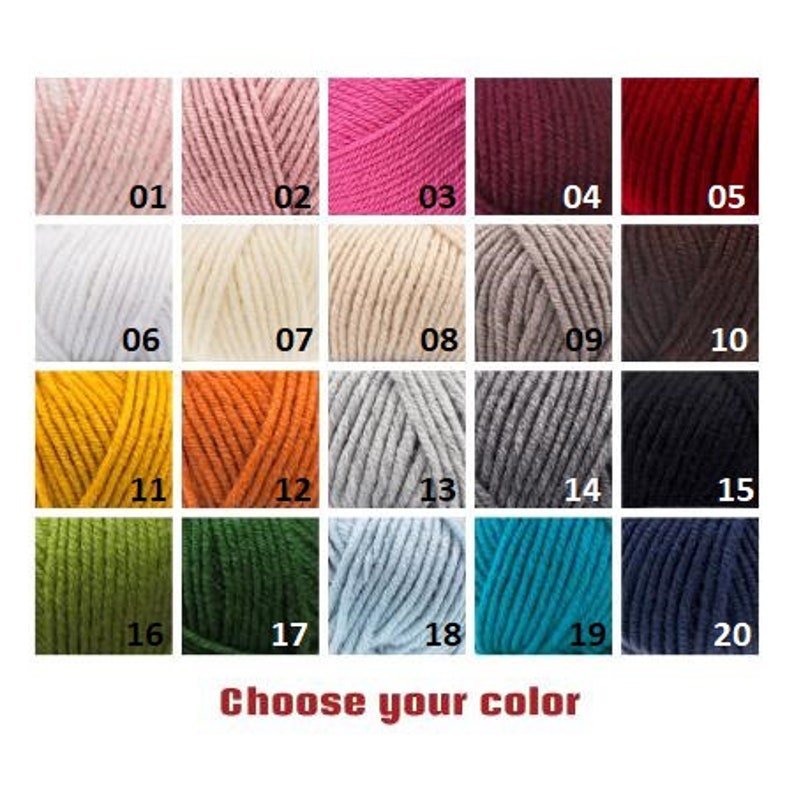 May include: Swatch card with 20 different yarn colors. The colors are arranged in rows of five. The colors include pink, red, white, yellow, orange, green, blue, gray, and brown.