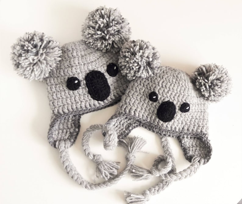 Koala Hat, Crochet hat, Kids Outfit, Baby Hat, Women Hat, Cute Kids Hat, Earflap Hat, Pom Pom Hat, Winter Outfit, Hat with Braids, Teens hat image 2