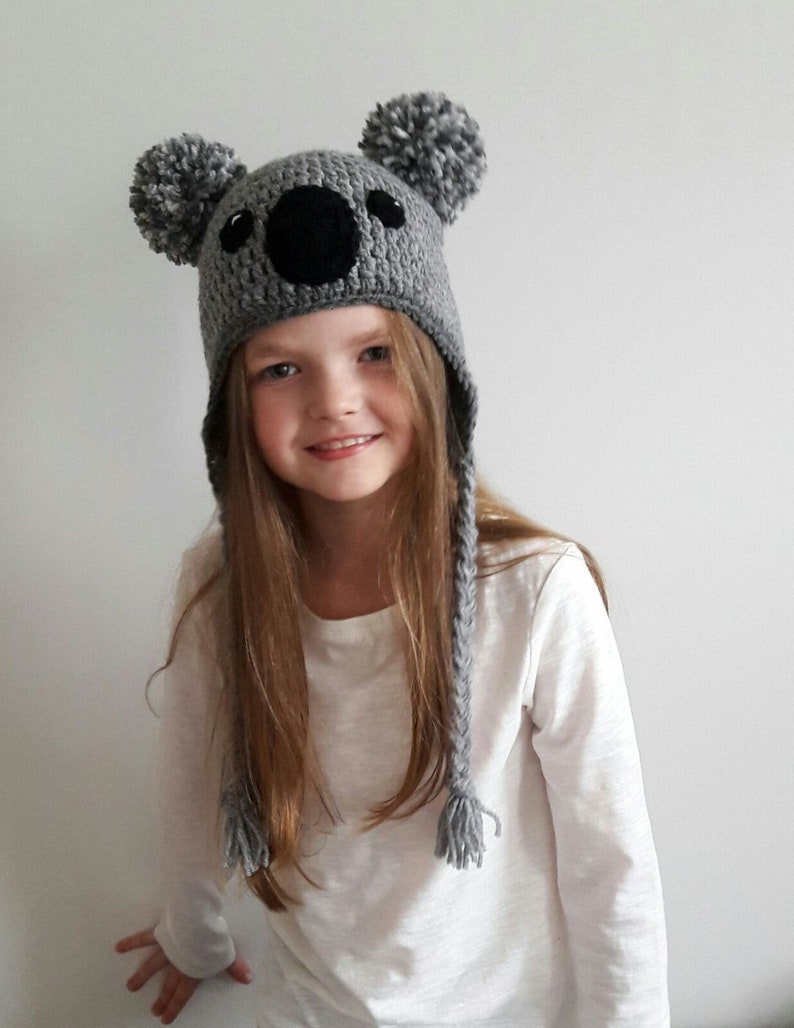 Koala Hat, Crochet hat, Kids Outfit, Baby Hat, Women Hat, Cute Kids Hat, Earflap Hat, Pom Pom Hat, Winter Outfit, Hat with Braids, Teens hat image 1