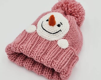 Snowman Hat, Winter Hat, Pom Pom Hat, Knit Hat, Knitted Beanie, Kids Hat, Pink Hat, Cute Hat, Kids Outfit, Kids Winter Hats, Funny Hat