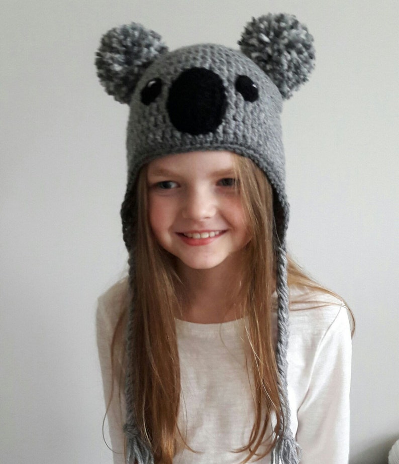 Koala Hat, Crochet hat, Kids Outfit, Baby Hat, Women Hat, Cute Kids Hat, Earflap Hat, Pom Pom Hat, Winter Outfit, Hat with Braids, Teens hat image 5