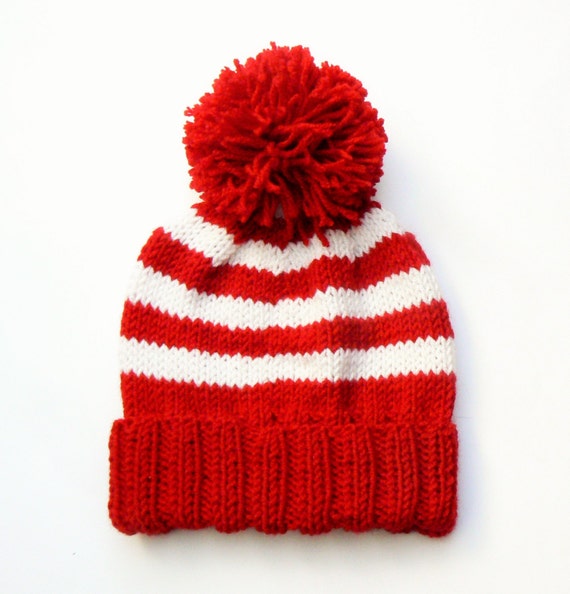 Red and white striped bobble hat sale