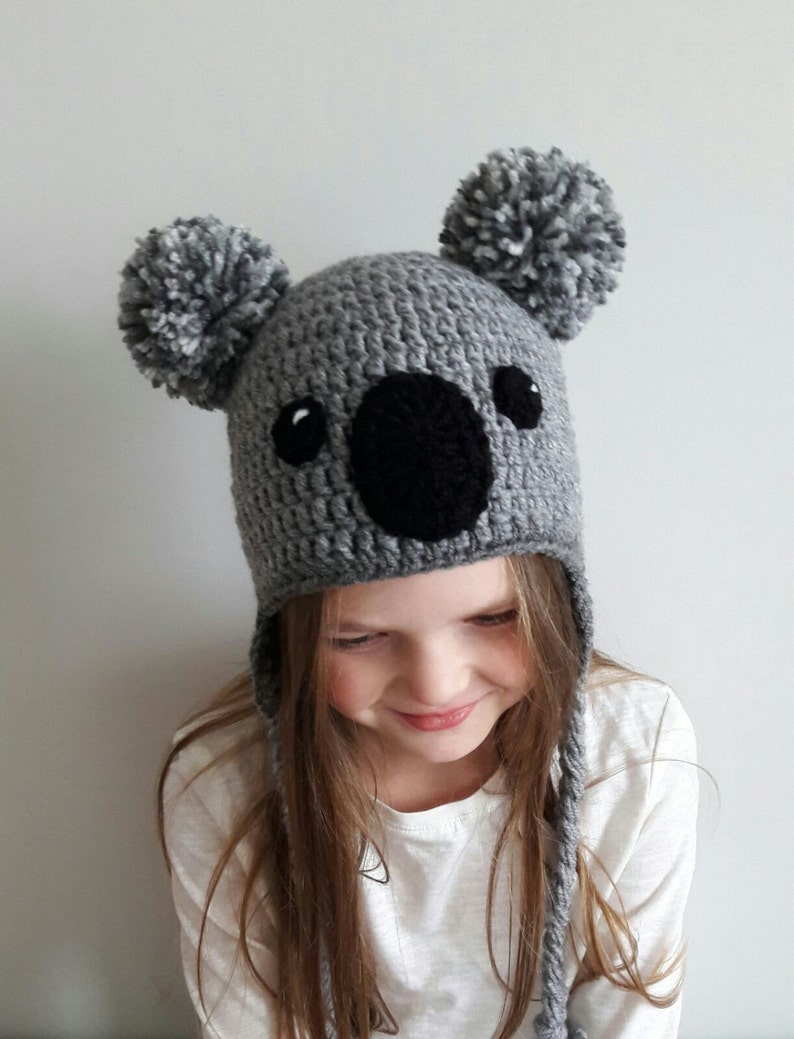 Koala Hat, Crochet hat, Kids Outfit, Baby Hat, Women Hat, Cute Kids Hat, Earflap Hat, Pom Pom Hat, Winter Outfit, Hat with Braids, Teens hat image 4