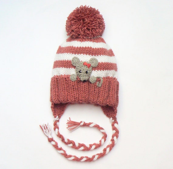 Baby Girls Hat, Mouse Hat, Knit Earflap Hat, Cute Baby Hat  display picture 2