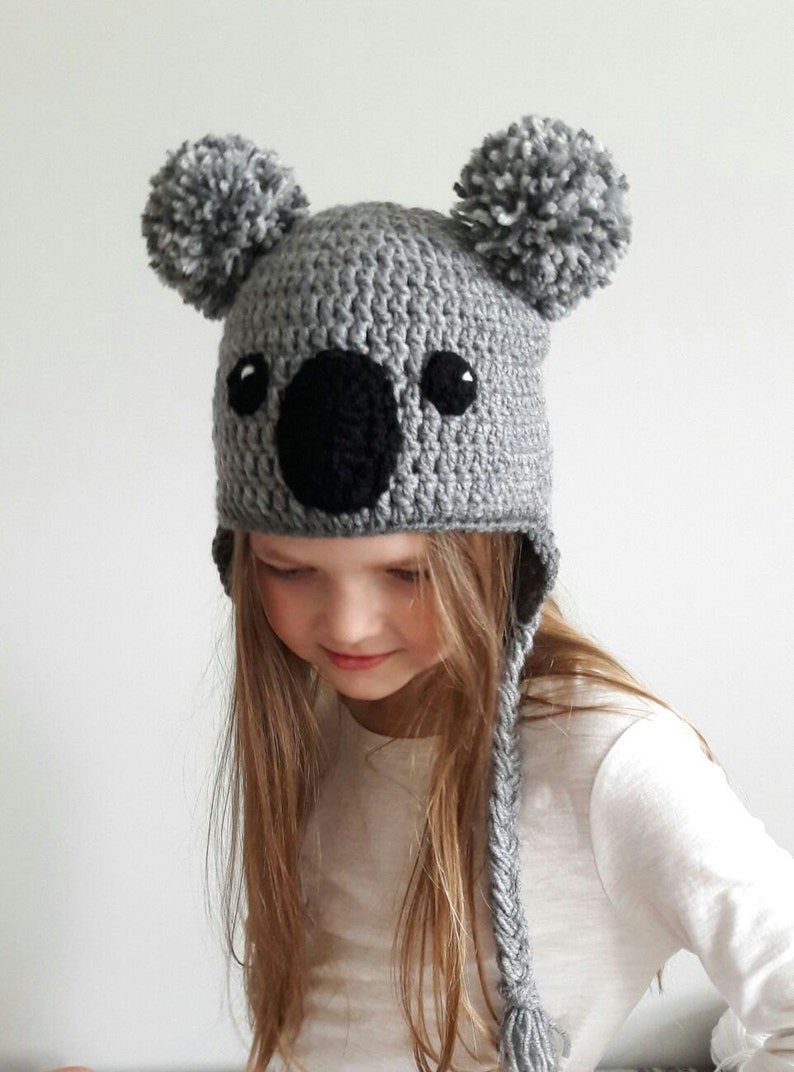 Koala Hat, Crochet hat, Kids Outfit, Baby Hat, Women Hat, Cute Kids Hat, Earflap Hat, Pom Pom Hat, Winter Outfit, Hat with Braids, Teens hat image 3