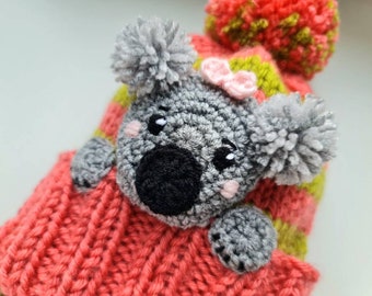 Koala Hat, Toddler size 18-20 inch, Knit Winter Hat, Kids Hat, Pom Pom Hat, Earflap Hat, Animal Hat, Cute Hat, Bobble Hat, Koala Bear hat