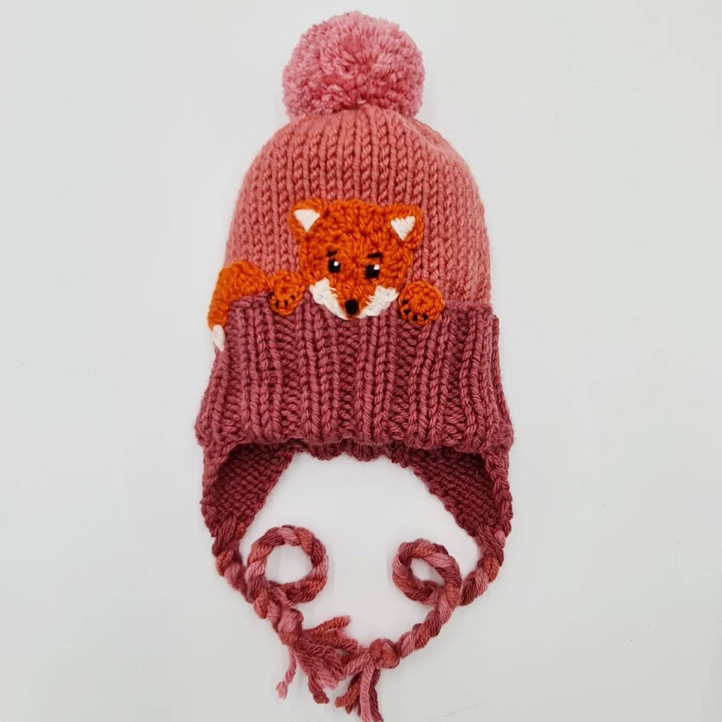 Handmade knit wool hat with houses and real fox detachable pompom Cassie Knitted Hood with Fox Fur Trim in Oat: FurHatWorld.com main image 3