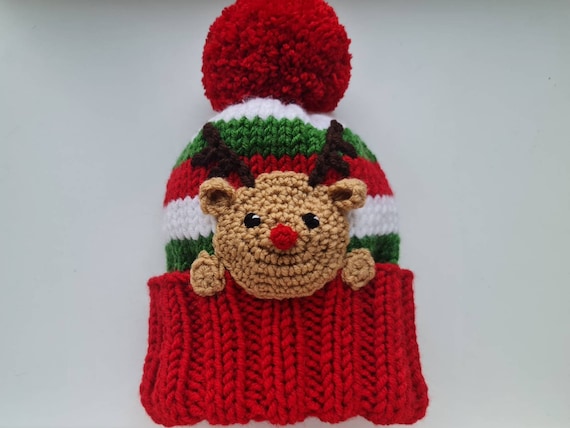 Reindeer Hat, Christmas Hat, Kids Winter Hat, Knit Hat, Pom Pom Hat, Winter Outfit, Cute Hat, Reindeer Rudolph, Christmas Outfit, Holidays