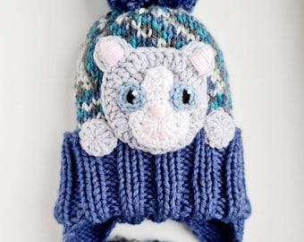 Cat Hat, Child size 19-21inch, Winter Hat, Kitty hat, Knit Hat, Pom Pom Hat, Knit Beanie, Kids Winter Outfit, Kids Accessories, Kids Fashion