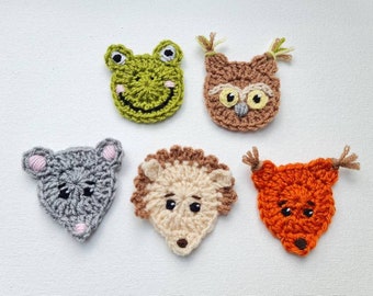 Crochet Appliques, Set of 5, Woodland Animals, Animal Appliques, Crochet Animals, Handmade Appliques, Mouse, Hedgehog, Squirrel, Frog, Owl