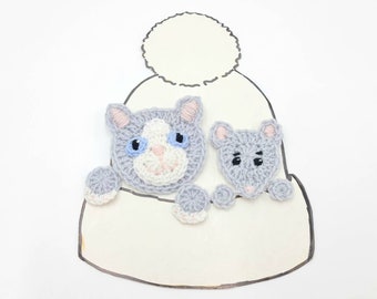 Katt och mus, Set med 2 applikationer, Virkade applikationer, Virkad katt, Grå katt, Musapplikationer, Sy på applikationer, Djurapplikationer, Hattapplikationer