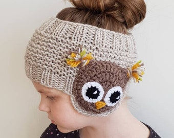 Owl Headband, Spring Accessory, Ear Warmer, Knit Headband, Earmuffs, Kids Outfit, Crochet Appliqués, Owl Motifs, Girls Accessories, Handmade