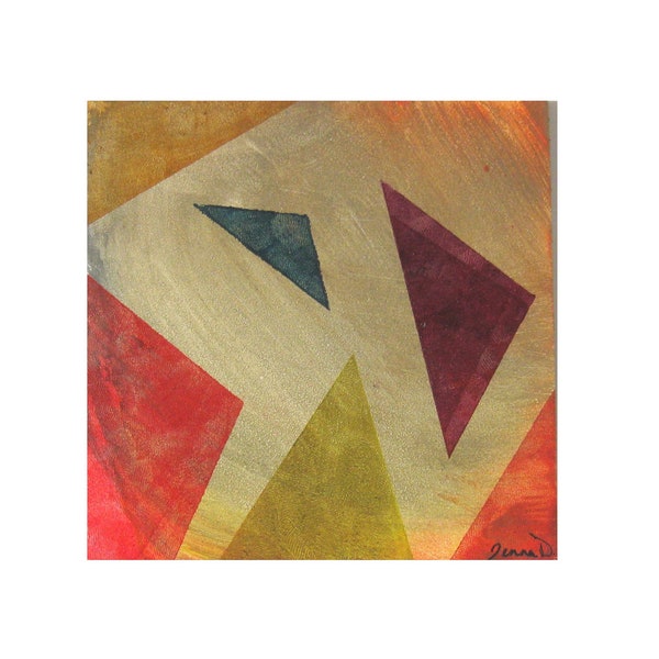 Mini Original Acrylic Painting on Wood Panel Eco Friendly Abstract Geometric Triangles Wood Grain Pattern Red Orange Yellow Teal Violet