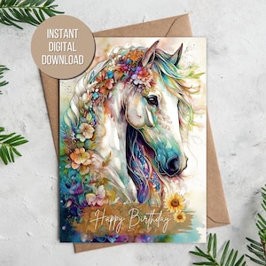 Floral Watercolor Horse Birthday Card Equestrian Card Flower Greeting Card Colorful Horse Card Colorful Floral Print 5x7 Instant download