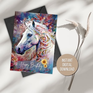 Watercolor Horse Birthday Card Horse Equestrian Card Flower Greeting Card Colorful Horse Card Colorful Floral Print 5x7 Instant download
