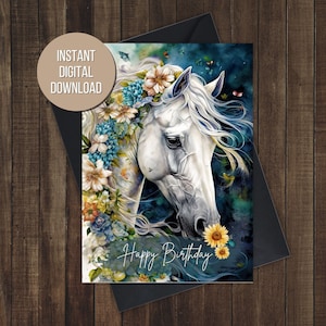 Horse Birthday Card Equestrian Birthday Card Colorful Floral Print Watercolor Flower Greeting Card Colorful Horse Card 5x7 Instant download