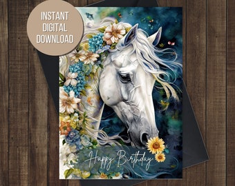 Horse Birthday Card Equestrian Birthday Card Colorful Floral Print Watercolor Flower Greeting Card Colorful Horse Card 5x7 Instant download