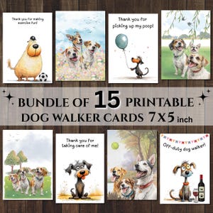 Könnte beinhalten: Ein Paket mit 15 druckbaren Dog Walker-Karten, jeweils 17,78 x 12,7 cm. Die Karten zeigen farbenfrohe Illustrationen von Hunden mit humorvollen Texten, darunter Sätze wie "Danke, dass du Spaß am Training hast!" und "Off-Duty Dog Walker!"