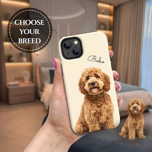 May include: A cream-colored smartphone case featuring a realistic illustration of a curly-haired golden-brown dog. The name Bobo is printed in black script above the dog. A circular badge in the upper left corner displays the text CHOOSE YOUR BREED.