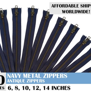 Cremallera metálica azul marino antigua, cremalleras para vaqueros, cremalleras metálicas, cremalleras azul marino, cremalleras YKK, cremallera de latón antiguo - 10 piezas - 6, 8, 10, 12, 14 pulgadas