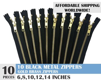 ykk jean zippers, black zippers, ykk brand metal zipper, gold metal zipper, pack of 10, golden brass zipper - 6, 8, 10, 12, 14 inch