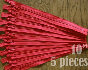 10 inch zips, red zippers, handbag zippers, purse zippers, 10" zippers, ykk zippers, wholesale zippers, no. 4.5- HNL10-5PC