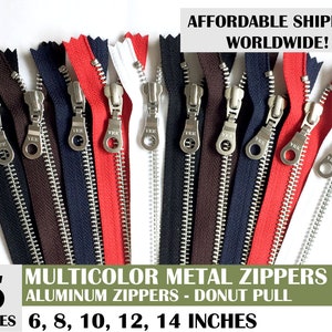 aluminum silver zipper, donut pull zipper, ykk metal zippers, metal zippers, mixed set zippers, bag zippers pack of 5- 6, 8, 10, 12, 14 inch