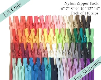Wholesale YKK Zippers, Assorted Nylon Zippers, Closed End Clothing Zippers Pack of 110 - 6, 7, 8, 9, 10, 12, 14 inches -  US ONLY Fast Ship