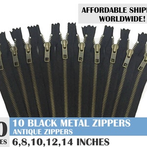 Black ykk antique metal zipper, jean zippers, metal zippers, black zippers,ykk zippers, antique brass zipper-10 pcs- 6, 8, 10, 12, 14 inches