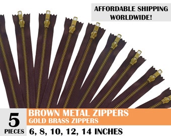 ykk metal zippers, metal zippers, dark brown zippers, jean zippers, gold metal zipper, golden brass zipper, set of 5- 6, 8, 10, 12, 14 inch
