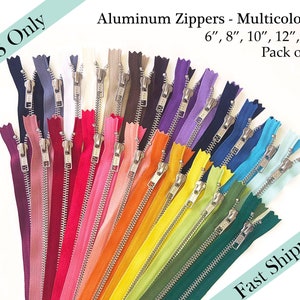 Silver Multicolor YKK Zippers, Handbag Zipper, Metal Teeth Aluminum Zipper Pack - 6, 8, 10, 12, 14 inches - 25pcs - US ONLY Fast Ship