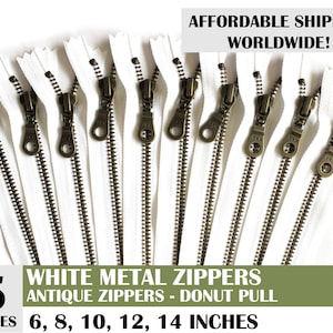 ykk donut pull antique zipper, antique metal zipper, white zipper, handbag zipper, donut pull zipper, pack of 5- 10, 14 inch