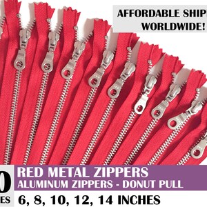ykk red donut pull zipper, aluminum zippers, donut pull zippers, red zippers, zipper for handbag, pack of 10- 10,  14 inch