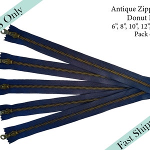 YKK Navy Blue Metal Zippers, Donut Pull Antique Brass Zippers Bags Pouches, Wholesale - 6, 8, 10, 12, 14 inches - 5pcs - US ONLY Fast Ship