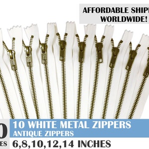 jean zippers, ykk  brand antique white metal zipper, metal zippers, white zippers, antique brass zipper - 10 pcs- 6, 8, 10, 12, 14 inches