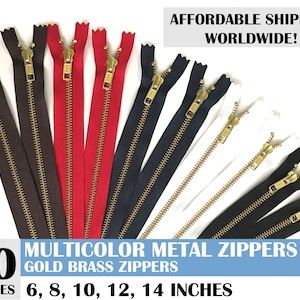 Metal zippers, gold metal zippers, ykk zippers, mixed colors, closed end zippers, sampler pack, pack of 10 - 6, 8, 10, 12, 14 inch