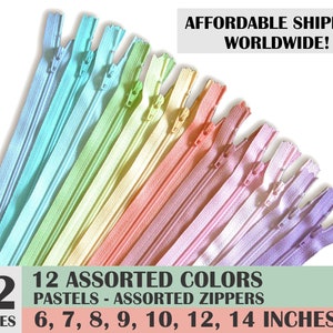 Ykk brand zippers, colorful zippers, pack of 10, assorted set, pastel colors, wholesale zippers sampler pack- 6, 7, 8, 9, 10, 12, 14 inches