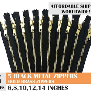 jean zippers,metal zippers, black zippers, ykk brand metal zipper, gold metal zipper, pack of 5, golden brass zipper - 6, 8, 10, 12, 14 inch