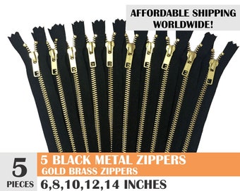 jean zippers,metal zippers, black zippers, ykk brand metal zipper, gold metal zipper, pack of 5, golden brass zipper - 6, 8, 10, 12, 14 inch