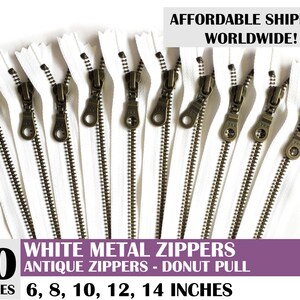 ykk donut pull antique zipper, antique metal zipper, white zipper, handbag zipper, donut pull zipper, pack of 10 - 10, 14 inch