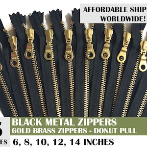 Ykk black gold metal zipper, black zipper, ykk donut pull metal zipper, zips for handbag, purse, pack of 5 zips - 6 8 10 12 14 inch