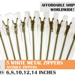 White zipper, jean zippers, ykk antique metal zipper, metal zippers, white zippers, antique brass zipper - 5 pcs- 6, 8, 10, 12, 14 inches