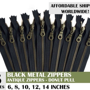 ykk donut pull antique zipper, antique metal zipper, black zipper, handbag zipper, donut pull zips, pack of 5 zipper- 6 8 10 12 14 inch