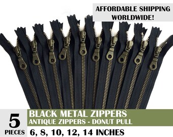 Puxador de zíper antigo ykk donut, zíper de metal antigo, zíper preto, zíper de bolsa, zíperes de puxar donut, pacote com 5 zíperes - 6 8 10 12 14 polegadas