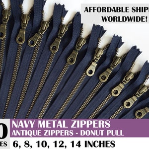 Ykk donut pull metal zipper, navy antique zippers, donut pull zipper, handbag zipper, blue zipper, pack of 10 - 10, 14 inch