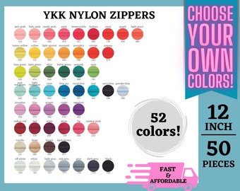 Choose 50 YKK Zippers, 12 Inch, #3 Nylon Coil Zippers, Mix and Match, Your Choice, 52 Colors Available, Mixed colors, Closed End, Assorted